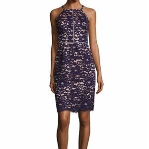 NWT Vince Camuto Size 16 Illusion Sheath Bodycon Sleeveless Lace Dress Blue Gold